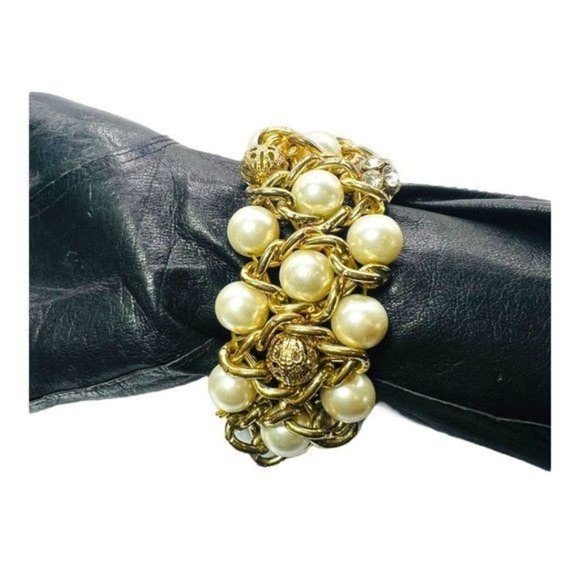 Wide Faux Pearls Crystal Goldtone Weaved Link Stretch Cuff Bridal Mother o Bride - Picture 8 of 10